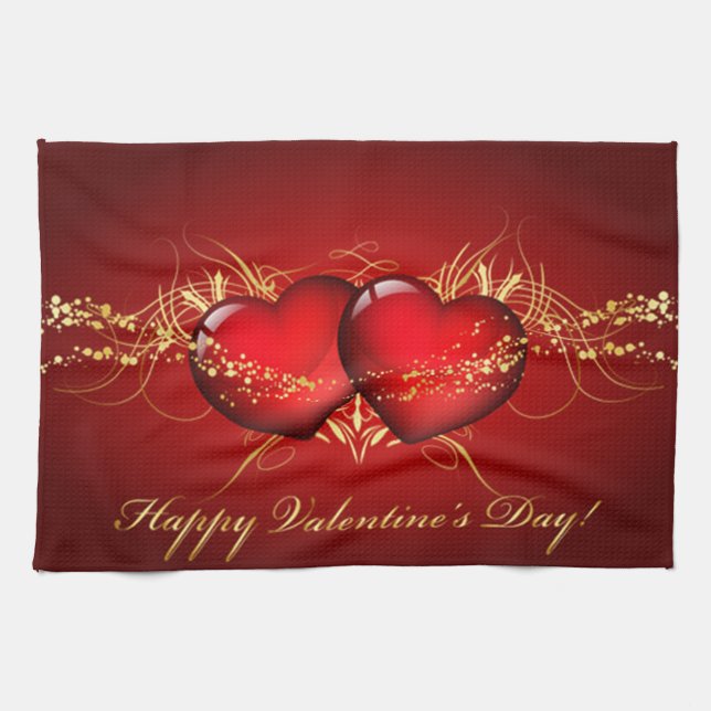 Two Hearts Happy Valentines Day Tea Towel (Horizontal)