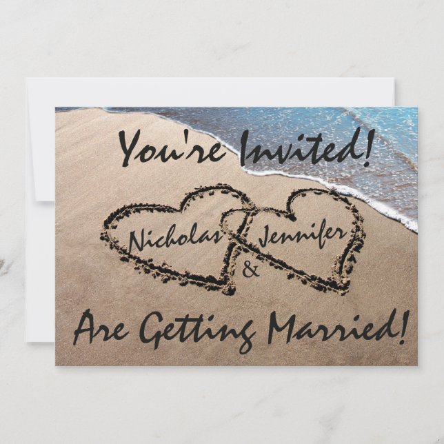 Two Hearts In The Sand Beach Wedding Invitation (Front)