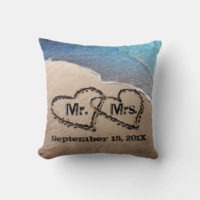 Two Hearts In The Sand Beach Wedding Pillow (Front)