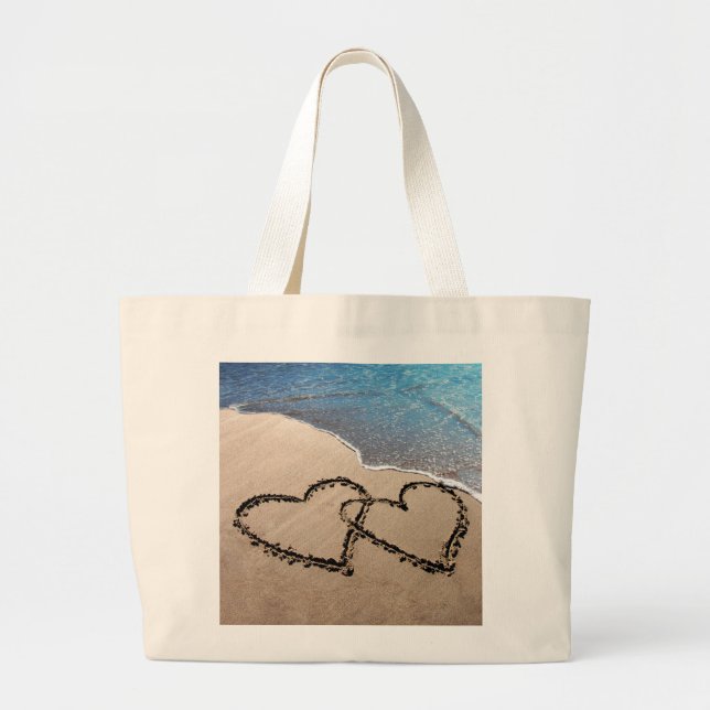 Two Hearts In The Sand Large Tote Bag (Front)