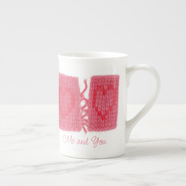 TWO HEARTS KNIT Bone China Mug + Text (Right)