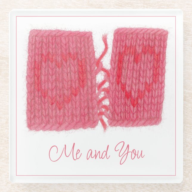 TWO HEARTS KNIT Glass Beverage Coaster + Text (Front)