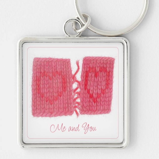 TWO HEARTS KNIT Premium Square Keychain + Text (Front)