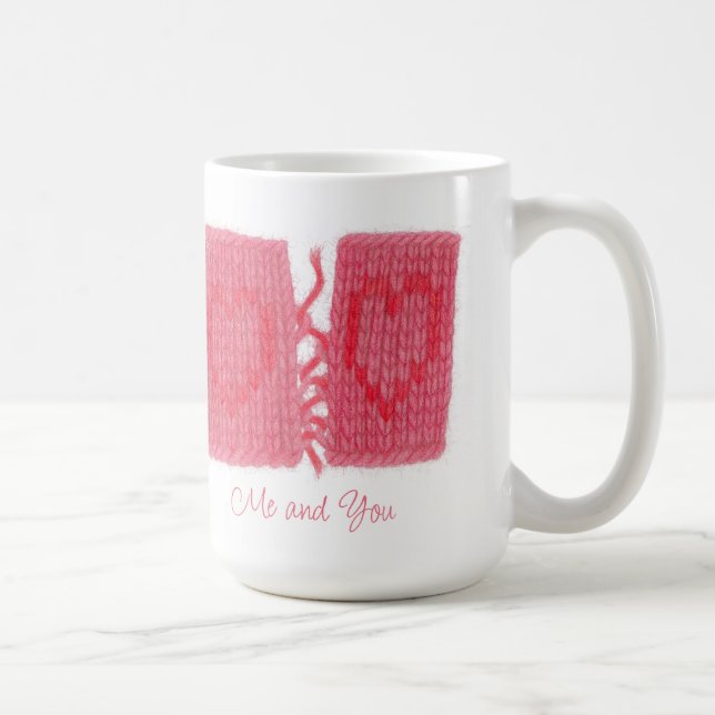 TWO HEARTS KNIT Tall White Mug + Text (Right)