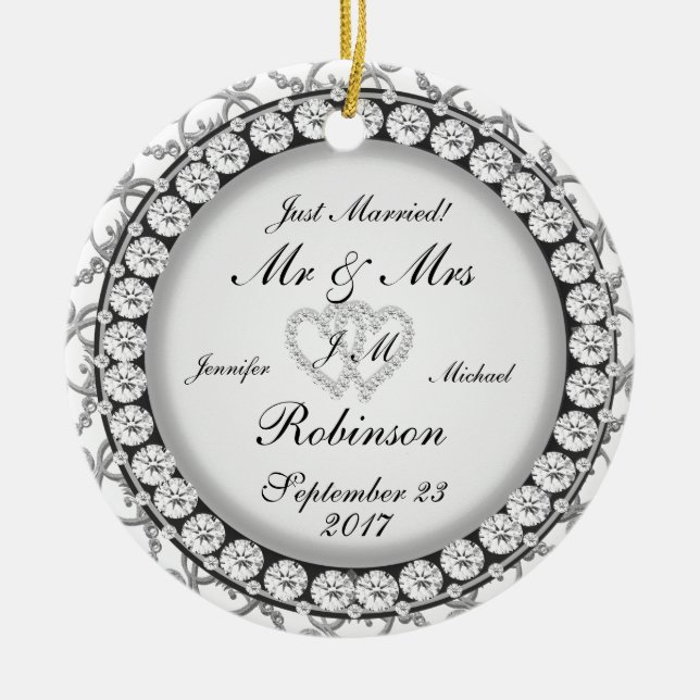 Two Hearts Monogram Wedding Pattern Ceramic Tree Decoration (Front)