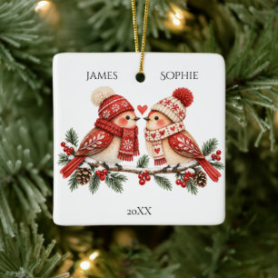 Two Hearts One Christmas Scandinavian Lovebirds Ceramic Ornament