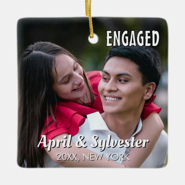 Two Hearts One Love Personalised Engagement Photo  Ceramic Ornament (Front)