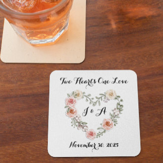 Two Hearts One Love Pink Cream Roses Square Paper Coaster