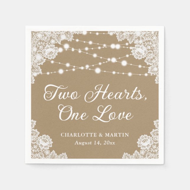 Two Hearts One Love Rustic Kraft Paper Wedding Napkin (Front)