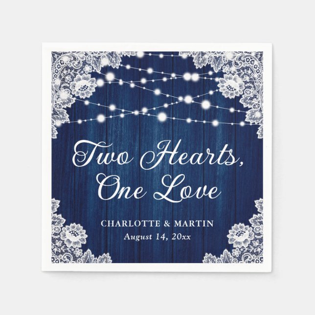 Two Hearts One Love Rustic Wood Navy Blue Wedding Napkin (Front)