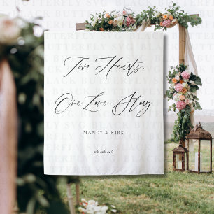 Two Hearts, One Love Story Wedding Backdrop Banner Tapestry