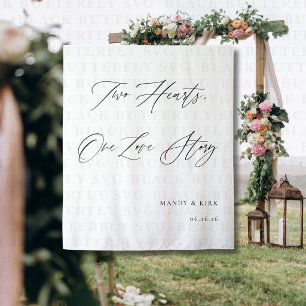 Two Hearts, One Love Story Wedding Backdrop Banner Tapestry