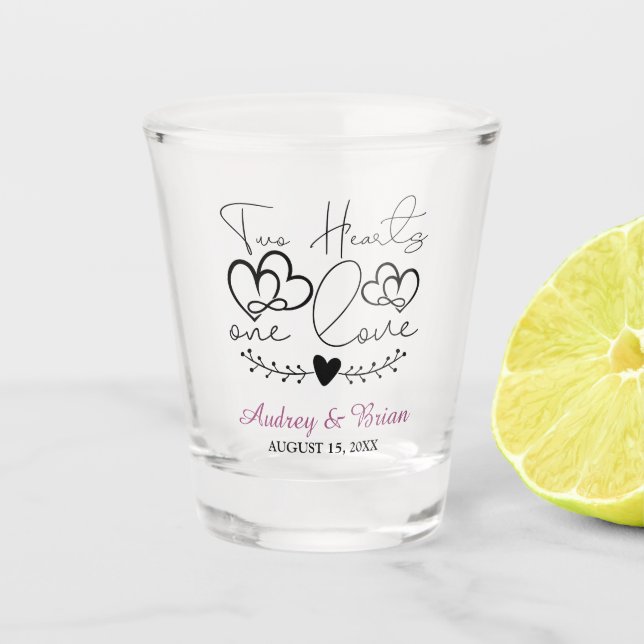 Two Hearts One Love Wedding Keepsake Shot Glass (Front)