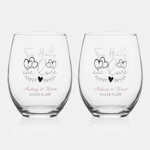 Two Hearts One Love Wedding Keepsake Stemless Wine Glass