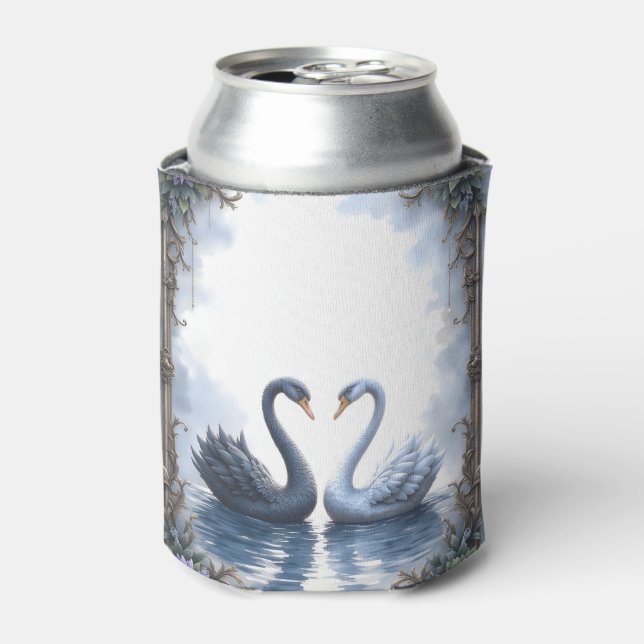 Two Hearts, One Reflection – Romantic Swan Wedding Can Cooler (Can Front)
