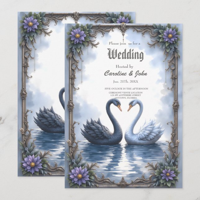 Two Hearts, One Reflection – Romantic Swan Wedding Invitation (Front/Back)