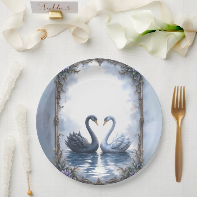 Two Hearts, One Reflection – Romantic Swan Wedding Paper Plate (Wedding)
