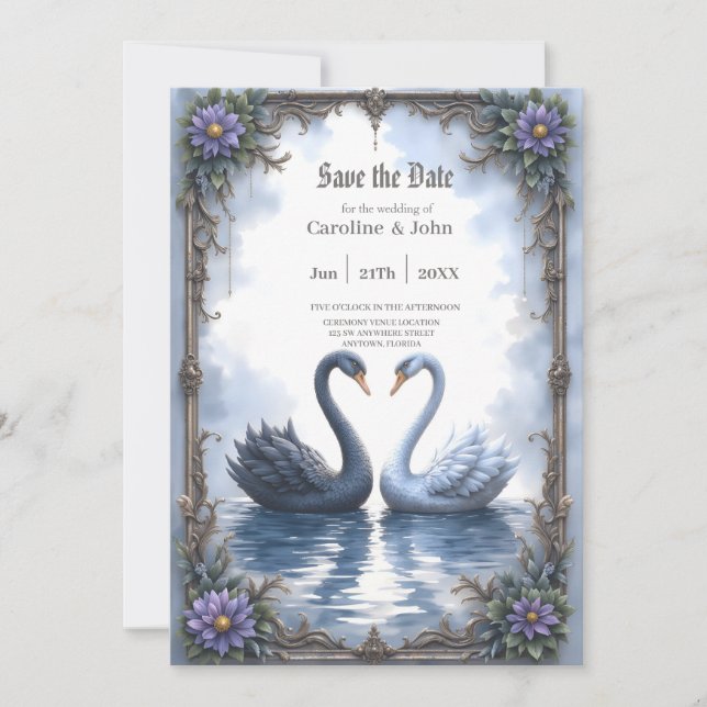 Two Hearts, One Reflection – Romantic Swan Wedding Save The Date (Front)