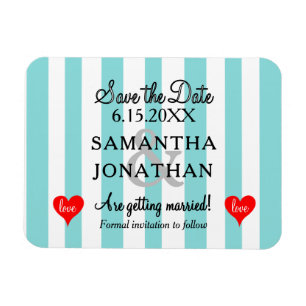 Two Hearts Seafoam Blue White Stripes Wedding Magnet