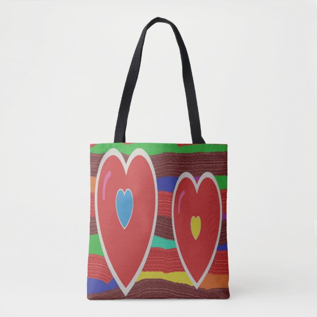 Two hearts stripes and text tote bag (Front)