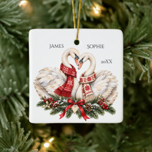Two Hearts Together Scandinavian Christmas Swans Ceramic Ornament
