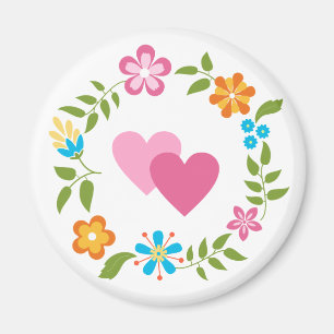 Two Hearts with Flowers Wreath Magnet