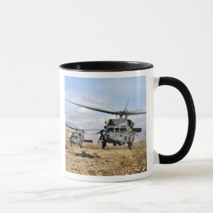 Two HH-60 Pavehawk helicopters preparing to lan Mug