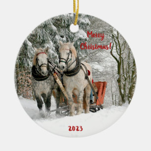 Two Horses and Sleigh in the Snow Ceramic Ornament