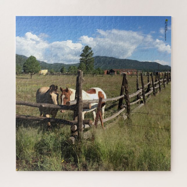 Two Horses At Rustic Log Pole Fence Photography Jigsaw Puzzle (Horizontal)