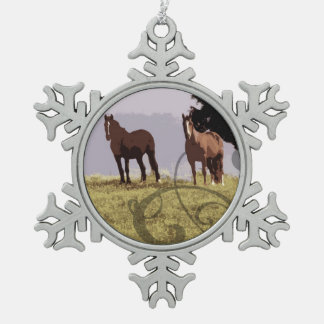 Two Horses Country Snowflake Pewter Christmas Ornament