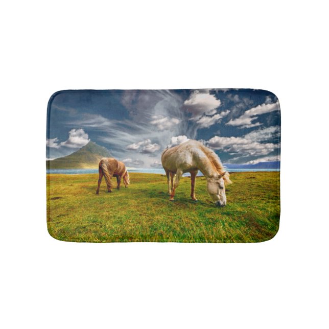 Two Horses Grazing in Pasture Bath Mat (Front)