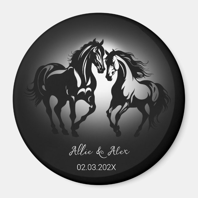 Two horses in love black white horse lover couple magnet (Front)