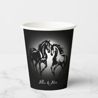 Two horses in love black white horse lover couple paper cups