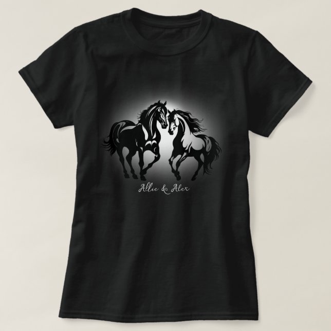 Two horses in love black white horse lover couple T-Shirt (Design Front)