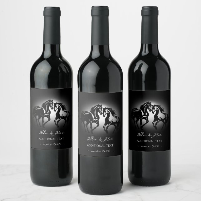 Two horses in love black white horse lover couple wine label (Bottles)