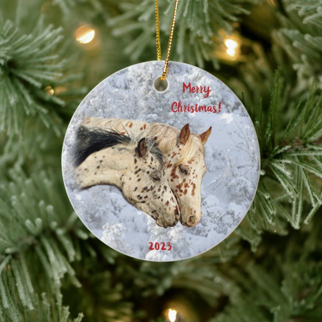 Two Horses  in the Snow Ceramic Ornament (Tree)