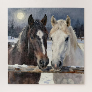 Two Horses on a Snowy Farm Under the Moon Jigsaw Puzzle