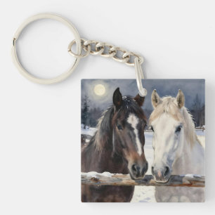 Two Horses on a Snowy Farm Under the Moon Key Ring
