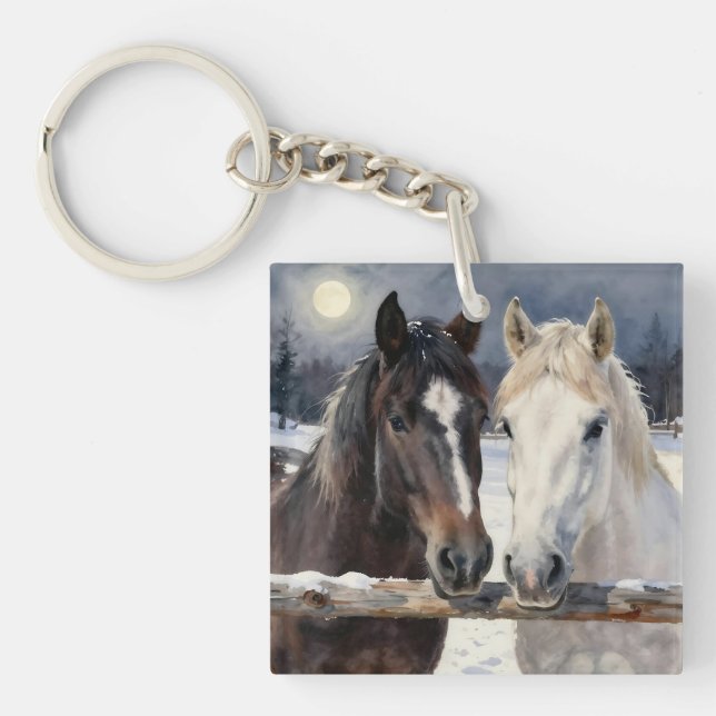 Two Horses on a Snowy Farm Under the Moon Key Ring (Front)