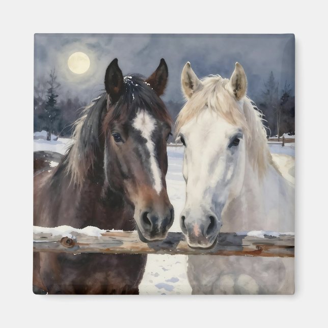 Two Horses on a Snowy Farm Under the Moon Magnet (Front)