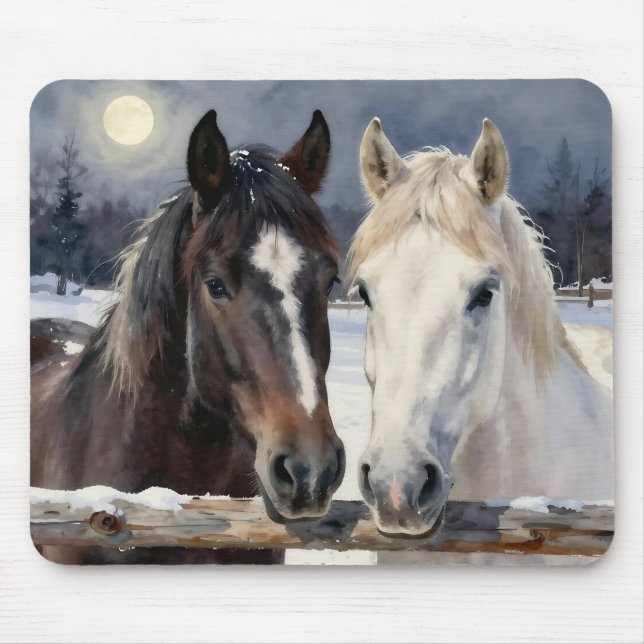 Two Horses on a Snowy Farm Under the Moon Mouse Pad (Front)