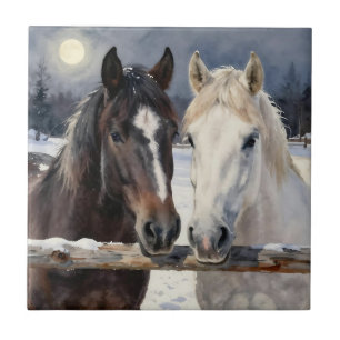 Two Horses on a Snowy Farm Under the Moon Tile