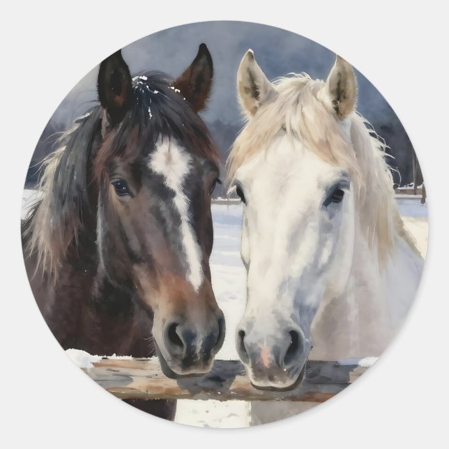 Two Horses on a Snowy Farm under the Moonlight  Classic Round Sticker (Front)