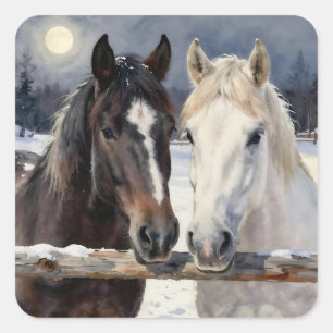 Two Horses on a Snowy Farm under the Moonlight Square Sticker