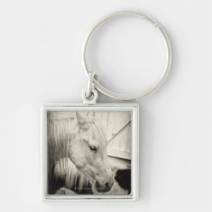 two horses outside a stable- black and white key ring