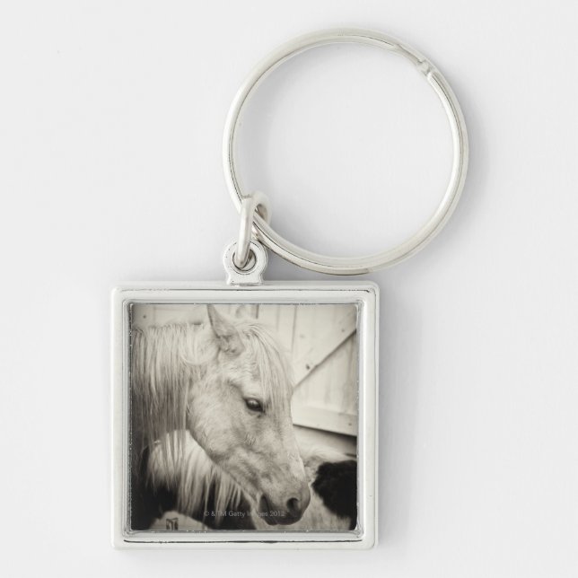 two horses outside a stable- black and white key ring (Front)
