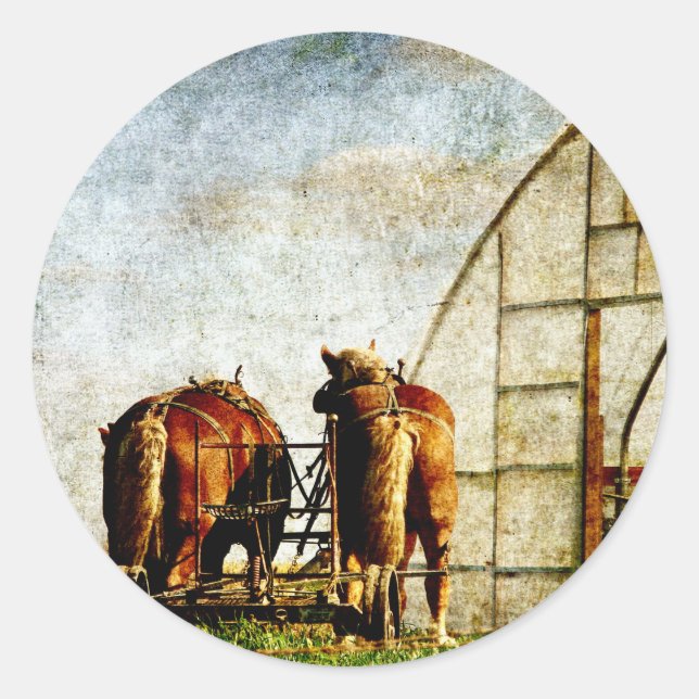 Two Horses Ready For Work Classic Round Sticker (Front)