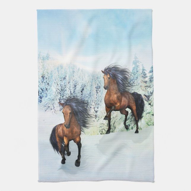 Two Horses Snowy Scene Tea Towel (Vertical)