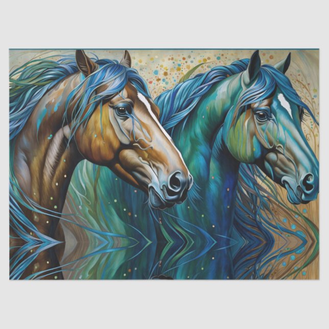Two Horses Teal blue green brown Tissue Paper (Front)