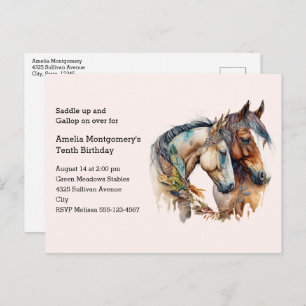 Two Horses with Feather Décor Boho Birthday Party Invitation Postcard